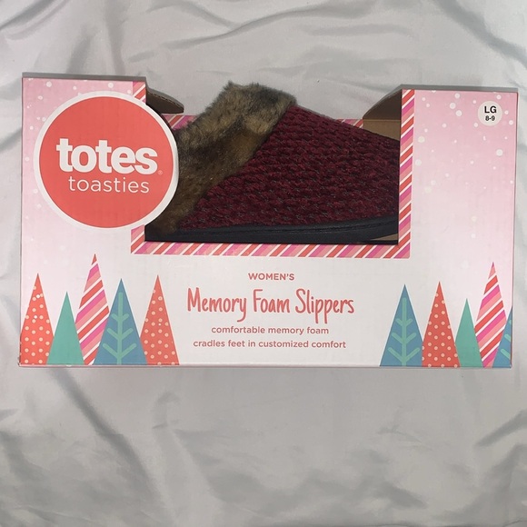Totes Toasties Slippers Woman's L (8-9) Memory Foam Burgundy Red Slip On - Picture 4 of 6
